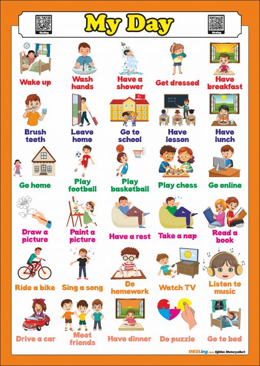  ingilizce daily activities my day günlük aktiviteler poster